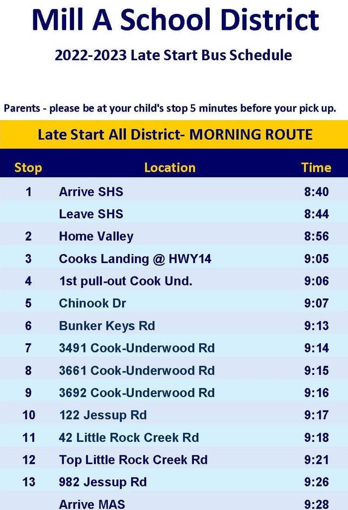 MASD 22-23 Late Start Bus Schedule